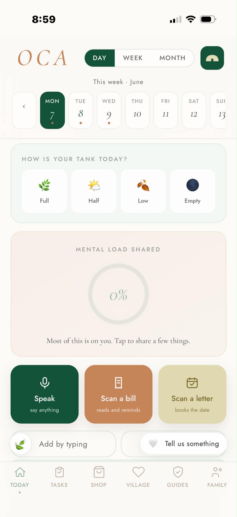 The OCA app Today screen showing the day view, a tank check-in, the mental load shared ring, and Speak, Scan a bill and Scan a letter buttons