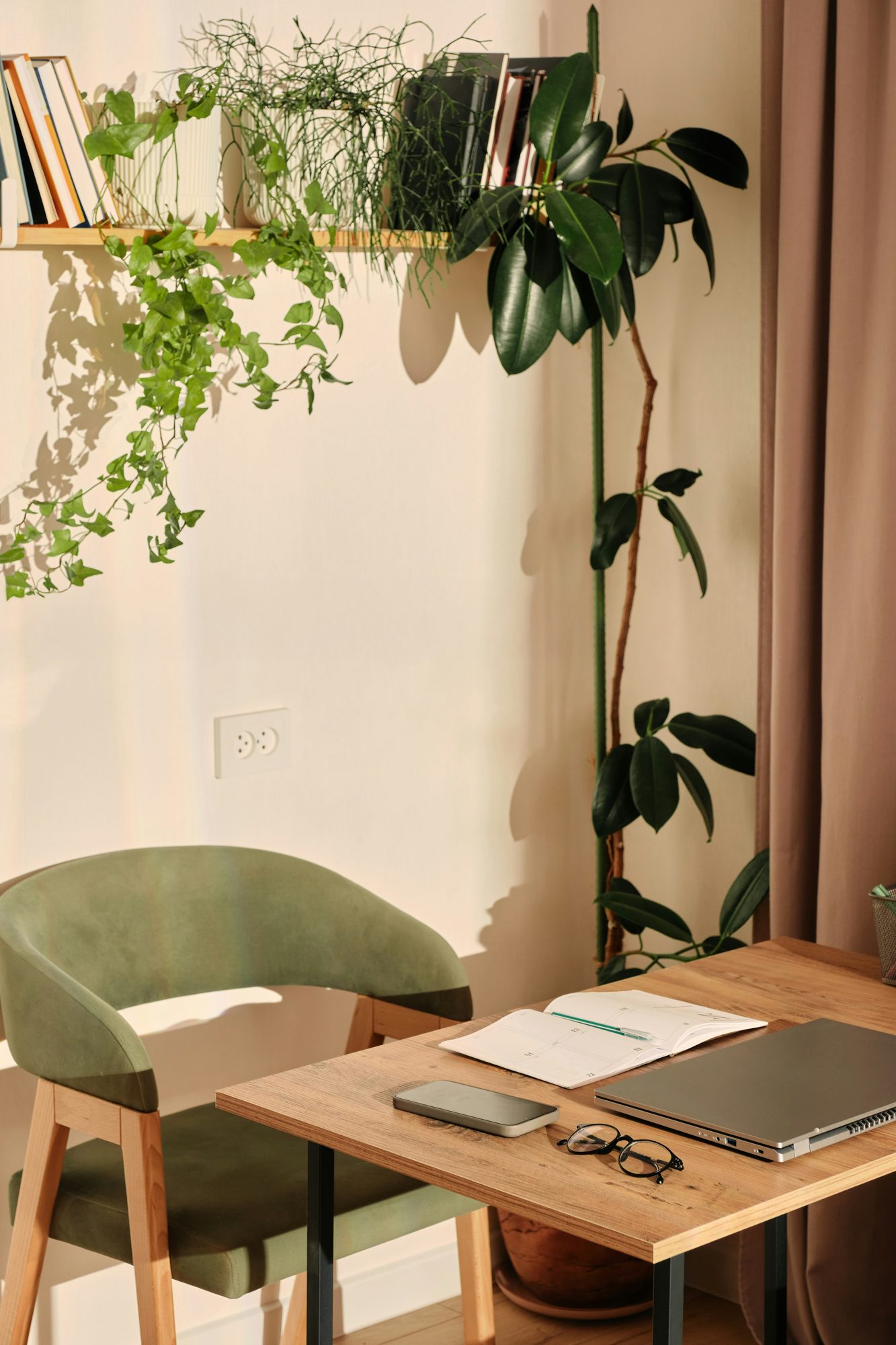 A calm workspace with plants and soft light